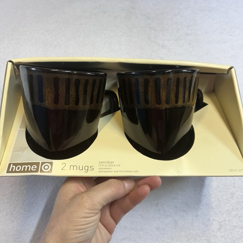 Set Of 2 Home Coffee Mugs New In Box Stoneware Brown Aztec